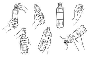 acqua in una bottiglia di plastica con le mani impostate vettore