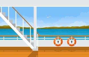 ponte della nave da crociera con salvagente e paesaggio oceanico vettore