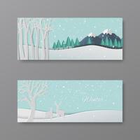 set di scene invernali, cervi di arte di carta nella foresta con fiocchi di neve su sfondo blu pastello vettore