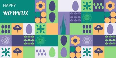 cartolina con novruz vacanza. novruz Bayram sfondo modello. primavera fiori, dipinto uova e Grano germe. geometrico mosaico. festivo striscione. vettore illustrazione
