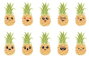 un' impostato di ananas con diverso emozioni. colore illustrazioni su un' bianca sfondo vettore