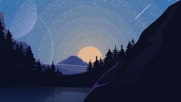 paesaggio con cielo stellato, pianeti, pineta e lago di montagna. illustrazione vettoriale