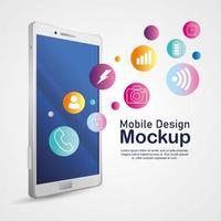 mockup di progettazione di telefoni cellulari, mockup di smartphone realistico con icone vettore