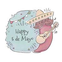 Simpatico personaggio di Jalapeno con baffi e cappello messicano che suona la chitarra al giorno di Cinco De Mayo vettore