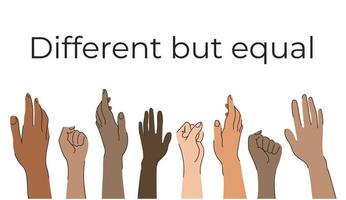 mani di diverso gruppo di persone mettendo insieme e diverso colori. diverso ma pari, fermare razziale discriminazione. cazzotto isolato su bianca sfondo. bandiera design vettore