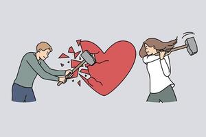 arrabbiato uomo e donna rompere enorme cuore con martelli soffrire a partire dal rottura o diviso. furioso male coppia schianto amore simbolo. relazione fine. vettore illustrazione.