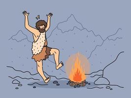 indigeno uomo danza vicino fuoco nel natura. tribale maschio antenato vicino fuoco di bivacco nel montagne paesaggio. vettore illustrazione.