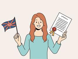 sorridente donna hold la laurea certificato e UK bandiera nel mani. contento femmina con documento insegnare inglese linguaggio. formazione scolastica. vettore illustrazione.