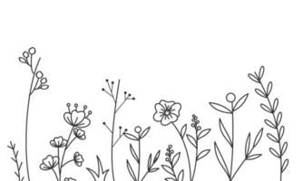 nero sagome di erba, fiori e erbe aromatiche isolato su bianca sfondo vettore