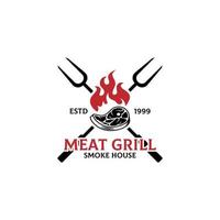 carne griglia Fumo Casa logo disegno, griglia e bar con fuoco, carne, griglia forchetta vettore