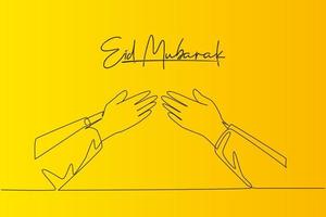 eid mubarak saluto carta, bandiera e manifesto design sfondo. singolo continuo linea disegno di Due musulmano persone stretta di mano per perdonare ogni Altro, eid al fitr. uno linea disegnare vettore illustrazione