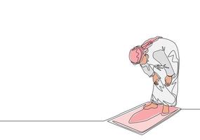 uno singolo linea disegno di musulmano persona pregare salat su sajadah a ruku posizione nel shmag tradizionale arabo stoffa. eid mubarak saluto carta concetto continuo linea disegnare design vettore illustrazione