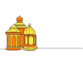 Ramadan kareem saluto carta, manifesto e bandiera design sfondo. uno continuo linea disegno di islamico ornamento lanterna lampade. islamico Festival singolo linea disegnare vettore illustrazione