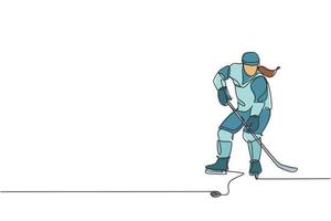 un disegno a linea singola di un giovane giocatore di hockey su ghiaccio in azione per giocare a un gioco competitivo sull'illustrazione grafica vettoriale dello stadio della pista di pattinaggio. concetto di torneo sportivo. moderno disegno a linea continua