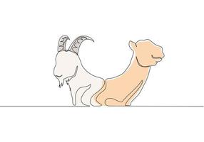 singolo continuo linea disegno di capra e cammello testa. musulmano vacanza il sacrificio un animale come come capra, cammello, pecora e mucca, eid al adha saluto carta concetto uno linea disegnare design illustrazione vettore