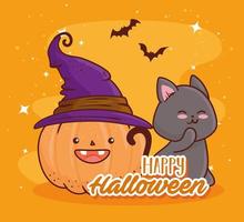 felice halloween, zucca carina con un cappello da strega e un gatto vettore