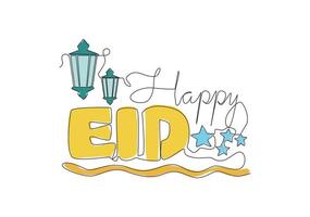 singolo continuo linea disegno di contento eid al Fitr mubarak e Ramadan kareem concetto. islamico vacanza calligrafico design per Stampa, saluto carta, striscione, manifesto. uno linea disegnare design illustrazione vettore