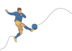 uno singolo linea disegno di giovane talentuoso calcio giocatore vincere il palla e tiro il primo tempo tecnica calcio. calcio incontro gli sport concetto. continuo linea disegnare design vettore illustrazione