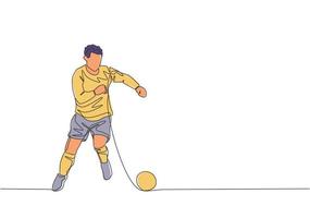 uno singolo linea disegno di giovane calcio giocatore con lungo manica camicia dribbling il palla a formazione sessione. calcio incontro gli sport concetto. continuo linea disegnare design vettore illustrazione