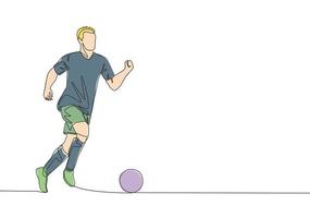 uno continuo linea disegno di giovane energico calcio giocatore dribbling e controllo il palla a il gioco. calcio incontro gli sport concetto. singolo linea disegnare design vettore illustrazione