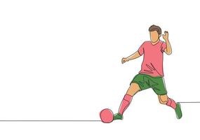 uno singolo linea disegno di giovane energico calcio giocatore vincere il palla e dribbling esso per il avversari la zona. calcio incontro gli sport concetto. continuo linea disegnare design vettore illustrazione