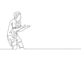 uno singolo linea disegno di giovane furioso calcio giocatore protestare e discutere arbitro decisione per dando lui un' carta. calcio incontro gli sport concetto. continuo linea disegnare design vettore illustrazione