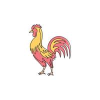 un disegno a tratteggio continuo di un gallo duro per l'identità del logo aziendale del pollame. concetto di mascotte di pollo per icona di cibo a base di carne biologica. illustrazione di progettazione grafica vettoriale a linea singola dinamica