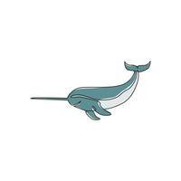 un disegno a tratteggio di un simpatico narvalo divertente per l'identità del logo della compagnia marina. grande mascotte narwhale concetto per icona creatura da favola. illustrazione vettoriale grafica di disegno di disegno di linea continua