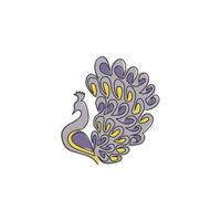 un disegno a tratteggio continuo di bellezza adorabile pavone per l'identità del logo aziendale. grande e grazioso concetto di mascotte di uccelli per l'icona dello zoo nazionale. illustrazione grafica vettoriale di design moderno a linea singola