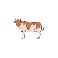 una singola linea di disegno di mucca grassa per l'identità del logo di allevamento. concetto di mascotte animale mammifero per icona di bestiame. grafica di illustrazione vettoriale di disegno di disegno di linea continua