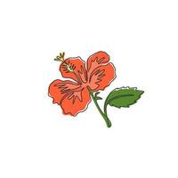 un unico disegno a tratteggio di ibisco fresco di bellezza per il logo del giardino. concetto decorativo di fiore di malva rosa per poster di decorazione della parete di casa. illustrazione vettoriale di disegno grafico a linea continua moderna