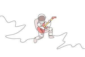 un disegno a tratteggio continuo dell'astronauta con la tuta spaziale che suona la chitarra acustica nell'universo della galassia. concetto di concerto di musica nello spazio esterno. grafica dinamica dell'illustrazione di vettore di disegno di disegno di linea singola