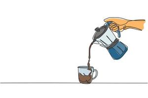 un disegno a tratteggio di un giovane barista felice che versa il caffè al cioccolato caldo nella tazza sopra il tavolo. concetto di menu drink caffè. illustrazione di disegno vettoriale di disegno grafico a linea continua dinamica