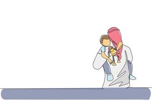 un disegno a tratteggio di un giovane padre arabo che abbraccia suo figlio mentre tiene in mano un giocattolo robot illustrazione vettoriale. concetto di genitorialità famiglia felice musulmana islamica. design moderno a linea continua vettore