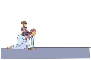 un disegno a tratteggio continuo di una giovane figlia araba che gioca e cavalca sulla schiena di suo padre a casa. felice musulmano islamico amorevole concetto di famiglia genitoriale. illustrazione vettoriale di disegno dinamico a linea singola