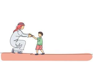 un disegno a tratteggio continuo di un giovane ragazzo arabo che tiene la mano di suo padre per imparare a camminare. felice concetto di famiglia genitorialità musulmana islamica. illustrazione vettoriale di disegno dinamico a linea singola