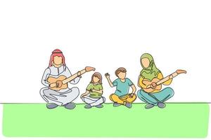 disegno a linea continua di una giovane coppia araba che suona gutiae e canta insieme ai bambini. concetto di genitorialità famiglia felice musulmano islamico. illustrazione vettoriale di design alla moda con una linea di disegno