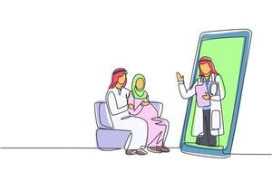 un medico maschio arabo che disegna una linea continua esce dallo schermo dello smartphone di fronte al paziente e dà la consultazione al paziente giovane coppia con moglie incinta. grafica vettoriale di disegno a linea singola