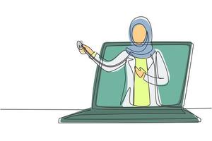 la dottoressa hijab continua a disegnare una linea esce dallo schermo del laptop tenendo lo stetoscopio. servizi medici online, consulenza medica. illustrazione grafica vettoriale di disegno di disegno a linea singola