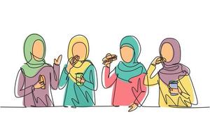 singola linea continua che disegna amici arabi che mangiano un pasto fast food nel ristorante. gruppo di donne felici che parlano, cenano, hamburger e bevono soda. una linea disegnare grafica vettoriale illustrazione