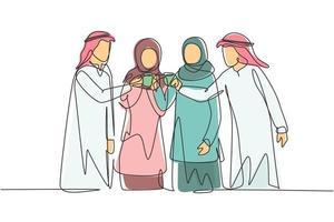 adolescenti arabi che disegnano una linea continua brindano con bevande analcoliche per celebrare l'amicizia alla festa in giardino. felice insieme e stile di vita. illustrazione grafica vettoriale di disegno di disegno a linea singola
