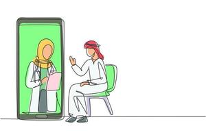 singolo disegno a tratteggio hijab dottoressa che tiene appunti controllando le condizioni del paziente maschio arabo seduto su una sedia. consultazione on line. illustrazione vettoriale grafica di disegno di disegno di linea continua