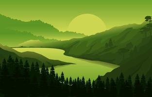 alba sopra l'illustrazione del paesaggio della foresta della montagna vettore