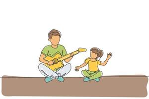 un unico disegno a tratteggio giovane padre che suona la chitarra e canta felice insieme a sua figlia a casa grafica vettoriale illustrazione. concetto di legame familiare felice. design moderno a linea continua