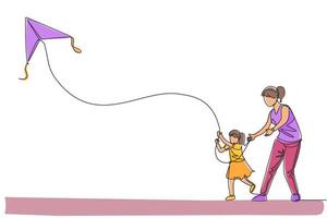 un disegno a tratteggio continuo di una giovane madre e di sua figlia che giocano a far volare l'aquilone nel cielo in un campo all'aperto. concetto di genitorialità familiare felice. illustrazione vettoriale di disegno dinamico a linea singola