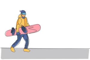 disegno a linea continua di un giovane snowboarder sportivo cammina e tiene lo snowboard in montagna. sport estremo all'aperto. concetto di vacanza di stagione invernale. illustrazione vettoriale di disegno di una linea di disegno