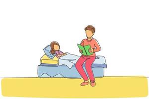 un disegno a tratteggio continuo di un giovane papà seduto nella camera da letto e che legge un libro di fiabe a sua figlia prima di dormire. concetto di genitorialità familiare felice. illustrazione vettoriale di disegno dinamico a linea singola