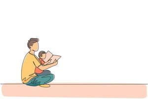 un disegno a tratteggio di un giovane padre seduto sul pavimento e che legge un libro di storie a suo figlio a casa illustrazione grafica vettoriale. concetto di genitorialità familiare felice. design moderno a linea continua vettore