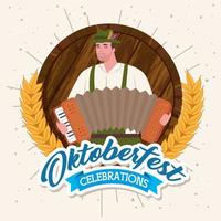 banner celebrazione oktoberfest con uomo con fisarmonica vettore