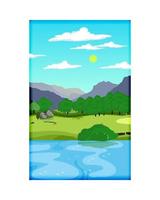 natura scena con alberi , blu cielo ,collina, fiume. un' bellissimo lago paesaggio. piatto vettore campagna cartone animato stile illustrazione di natura paesaggio con alberi e montagna sopra fiume.